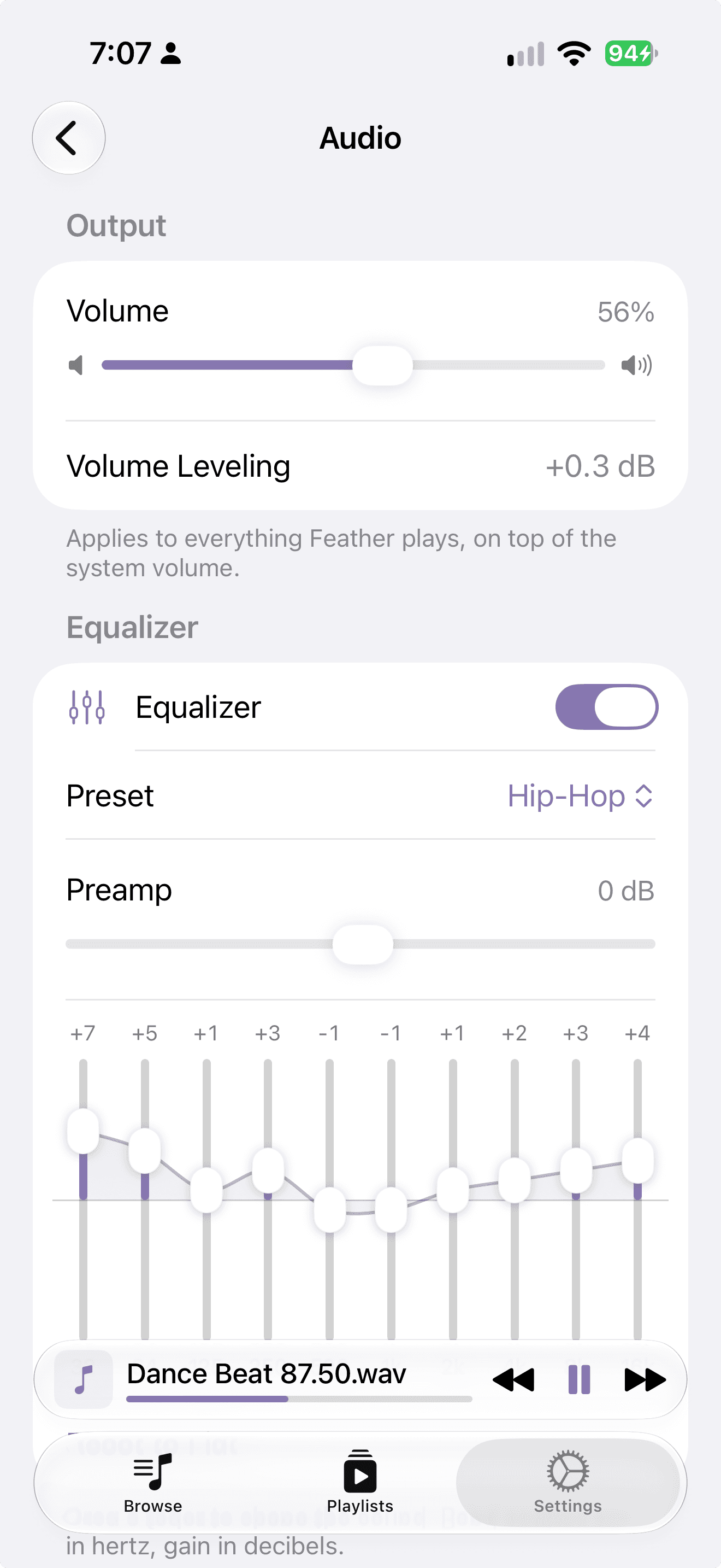 Feather Player audio settings with volume and equalizer