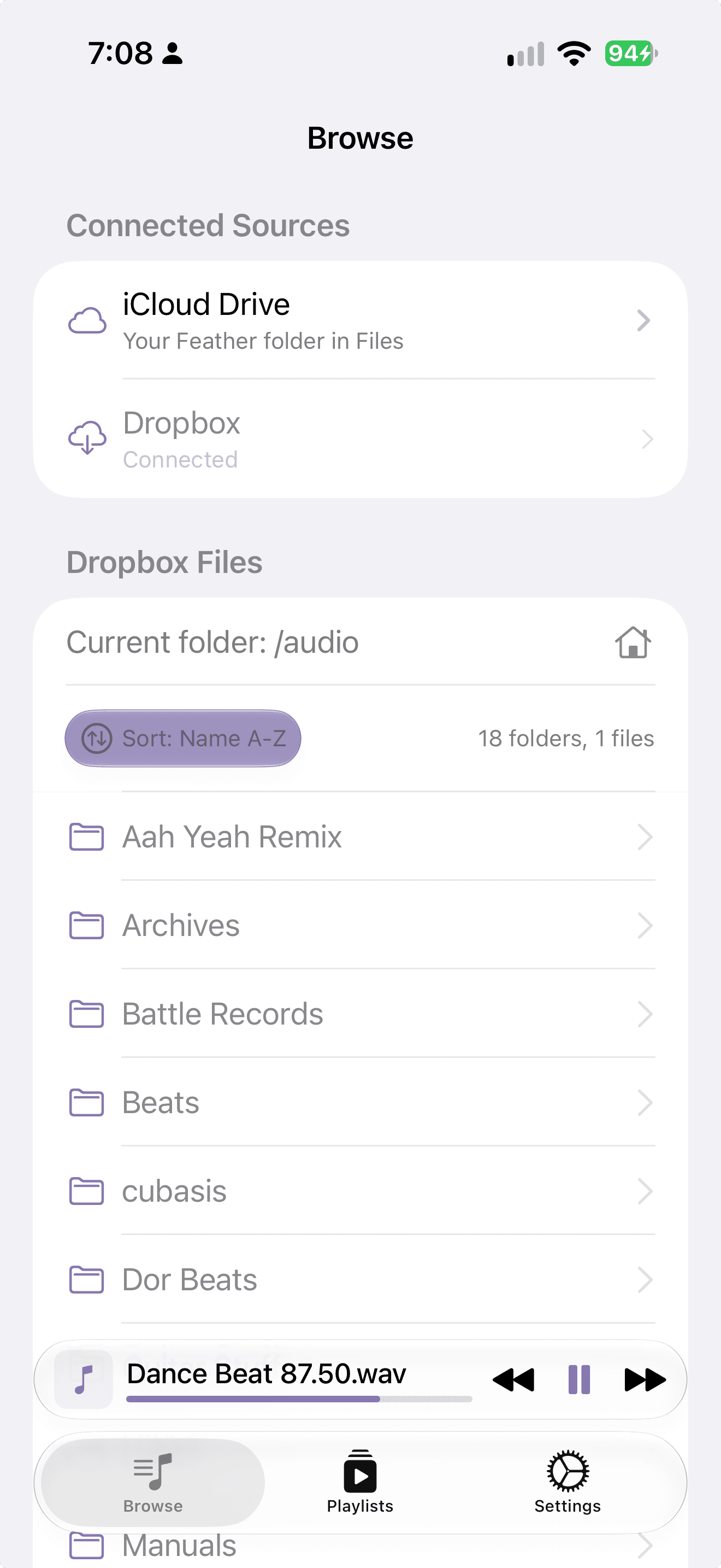 Browsing Dropbox folders inside Feather Player